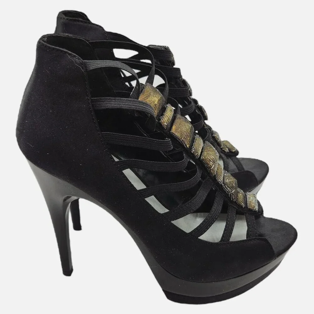 H by Halston Gem Embellished Caged Peep Toe Platform Heel Sandal 7 Jewel Sexy